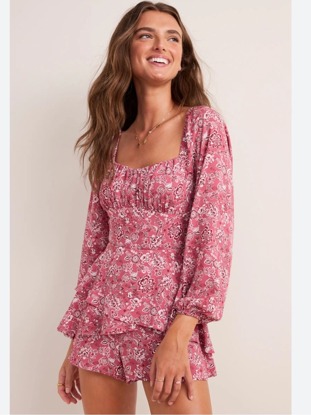 Floral Square-Neck Long Sleeve Bow Back Romper
